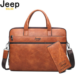 JEEP BULUO Men's Briefcase Bags For 14" Laptop Man Business Bag 2Pcs Set Handbags High Quality Leather Office Shoulder Bags Tote